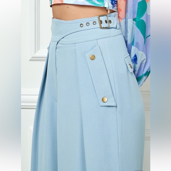 Alamia Blue Wide Leg Pocketed Buckled Trousers Pant - Picture 2 of 7